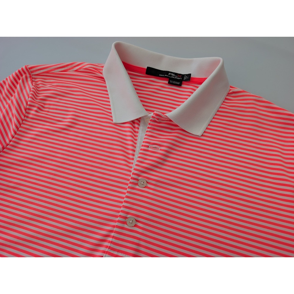 RLX Ralph Lauren Mens Golf Polo Shirt Large Neon Pink White Striped Short Sleeve